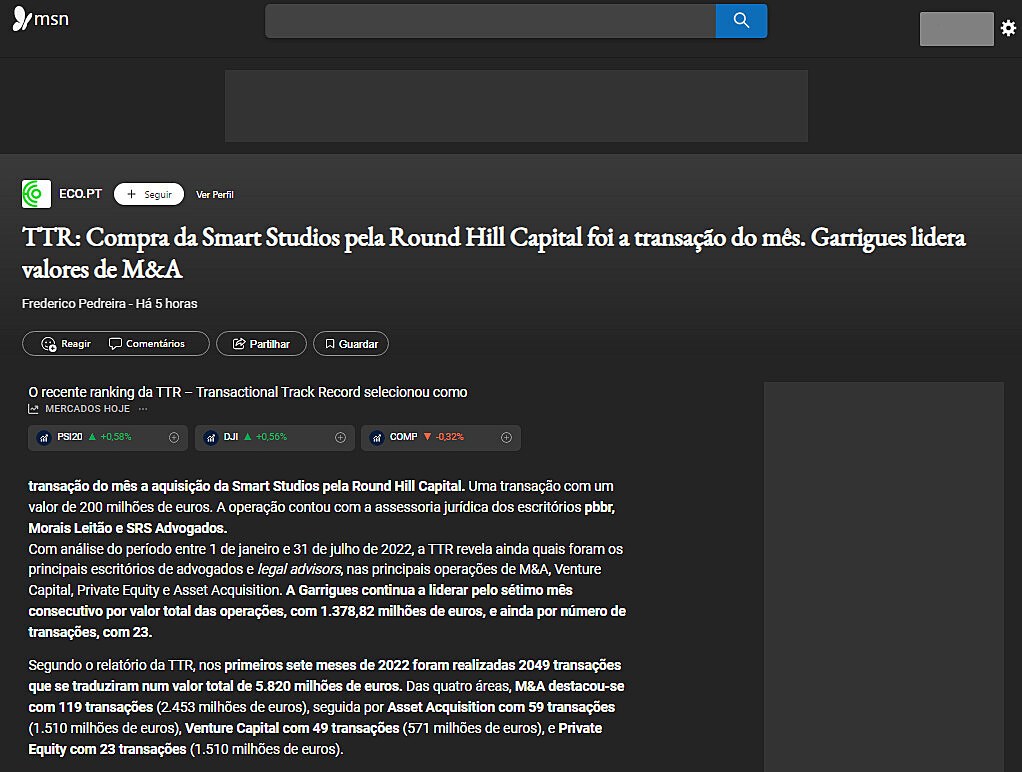 TTR: Compra da Smart Studios pela Round Hill Capital foi a transao do ms. Garrigues lidera valores de M&A